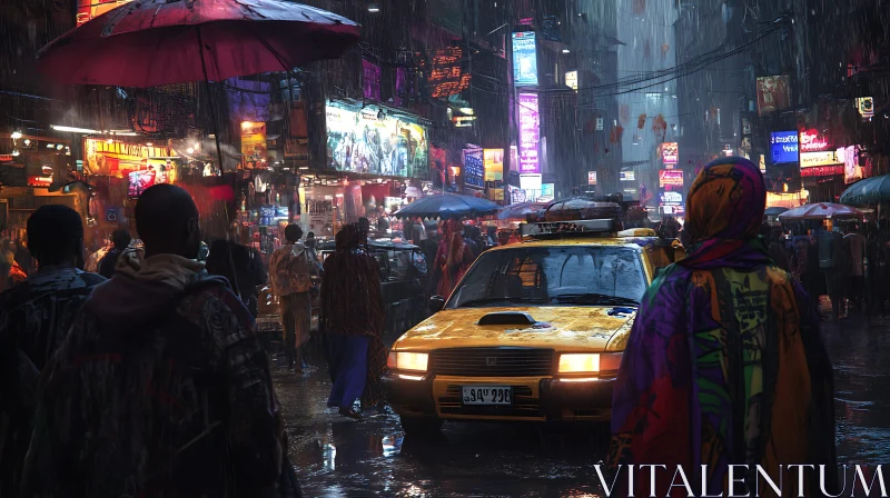 Urban Rainy Night with Neon Lights and Taxi AI Image