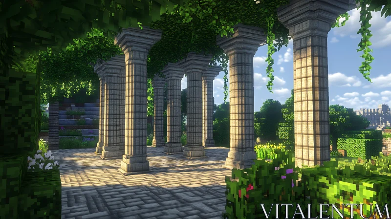 Tranquil Garden with Stone Pillars and Sunlight AI Image