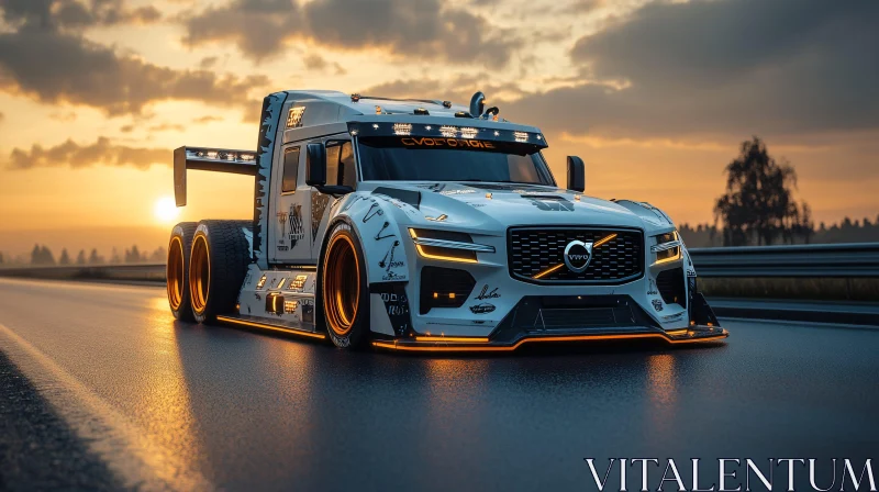 Modern Truck with Orange Accents on Road at Sunset AI Image