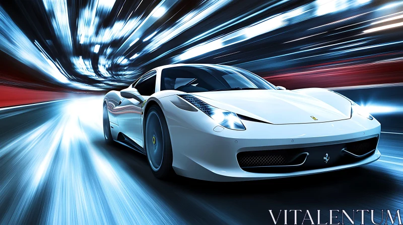 White Sports Car in High-Speed Night Drive AI Image