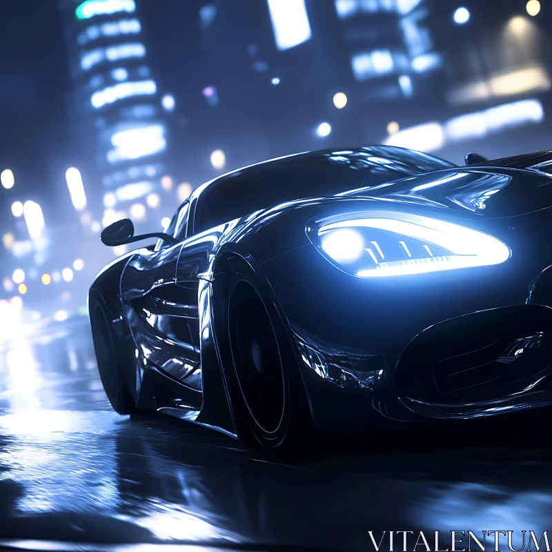 Modern Supercar in a Night Cityscape AI Image