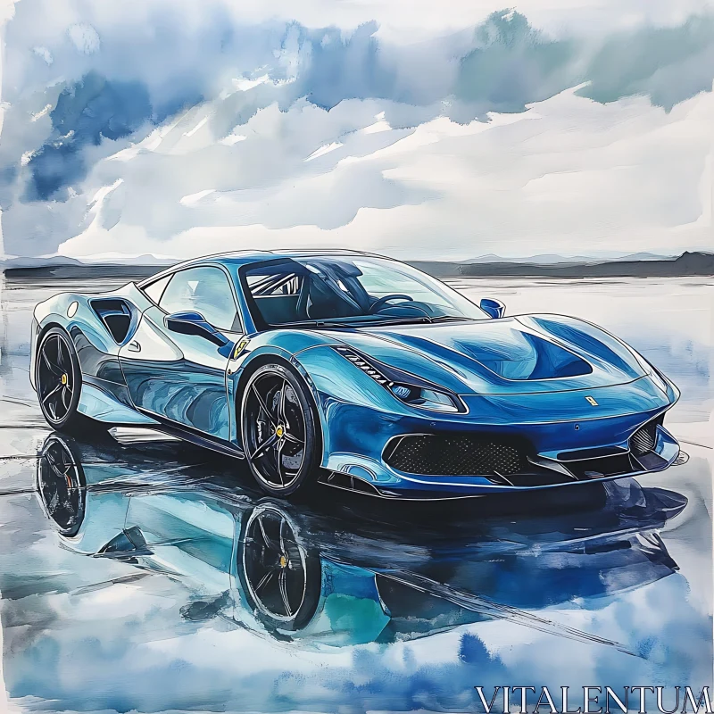 Sleek Blue Sports Car with Reflective Surface AI Image