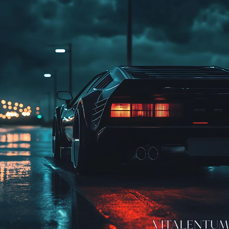 Moody Night Scene with Black Sports Car and Urban Ambiance AI Image