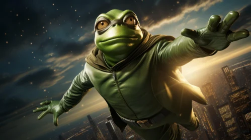 Frog Hero in Flight: A Cityscape Adventure