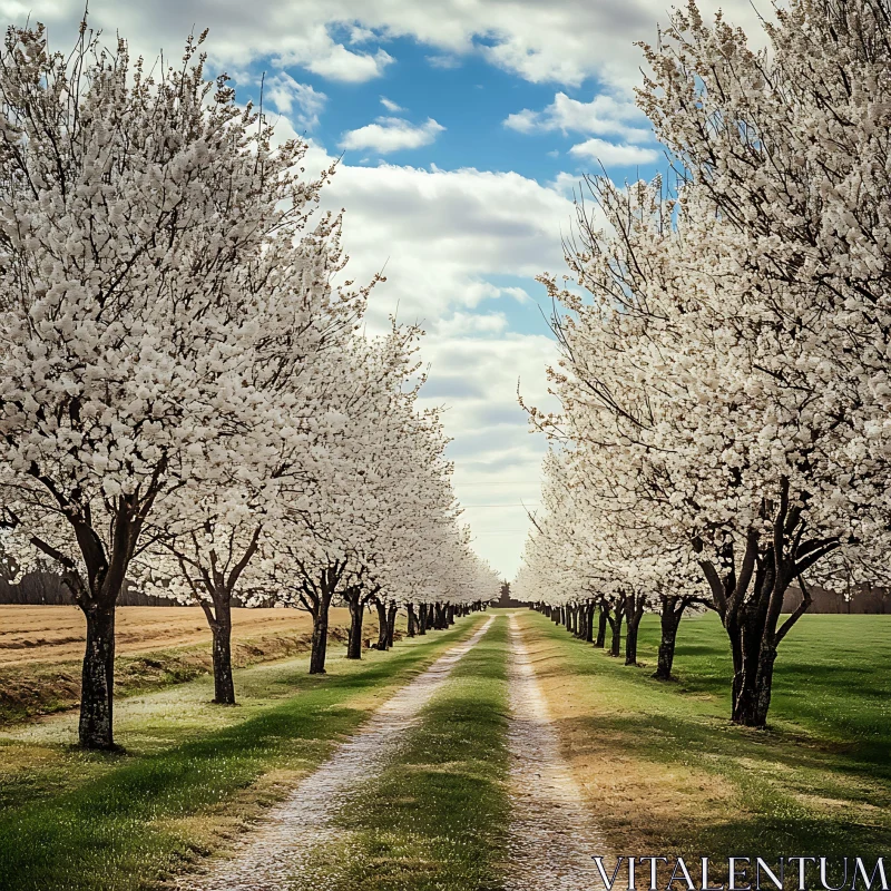 AI ART Blossom Lined Pathway Through Fields