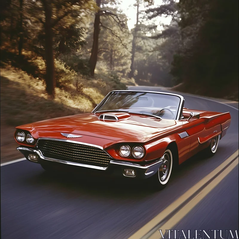 Vintage Red Convertible on a Serene Forest Road AI Image