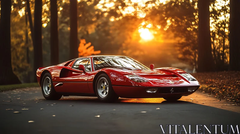 Vintage Red Car in Golden Forest Light AI Image