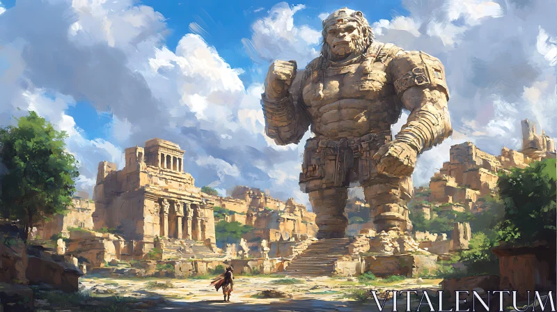 Epic Scene of Stone Giant and Warrior AI Image