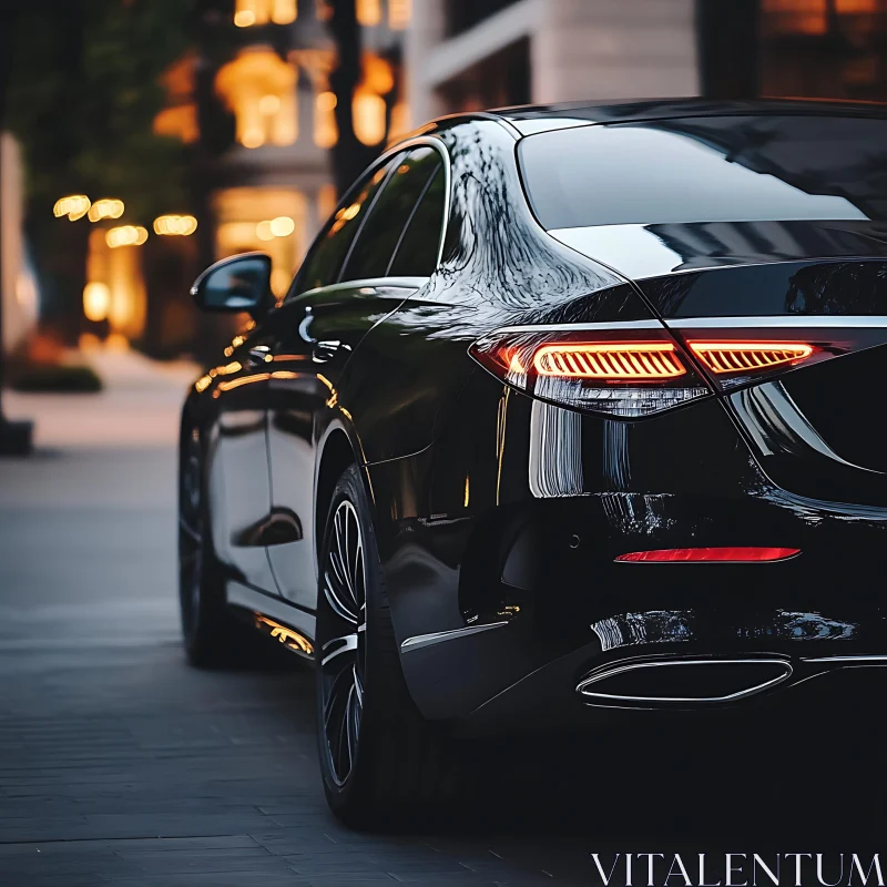 Elegant Black Car Parked in City at Night AI Image