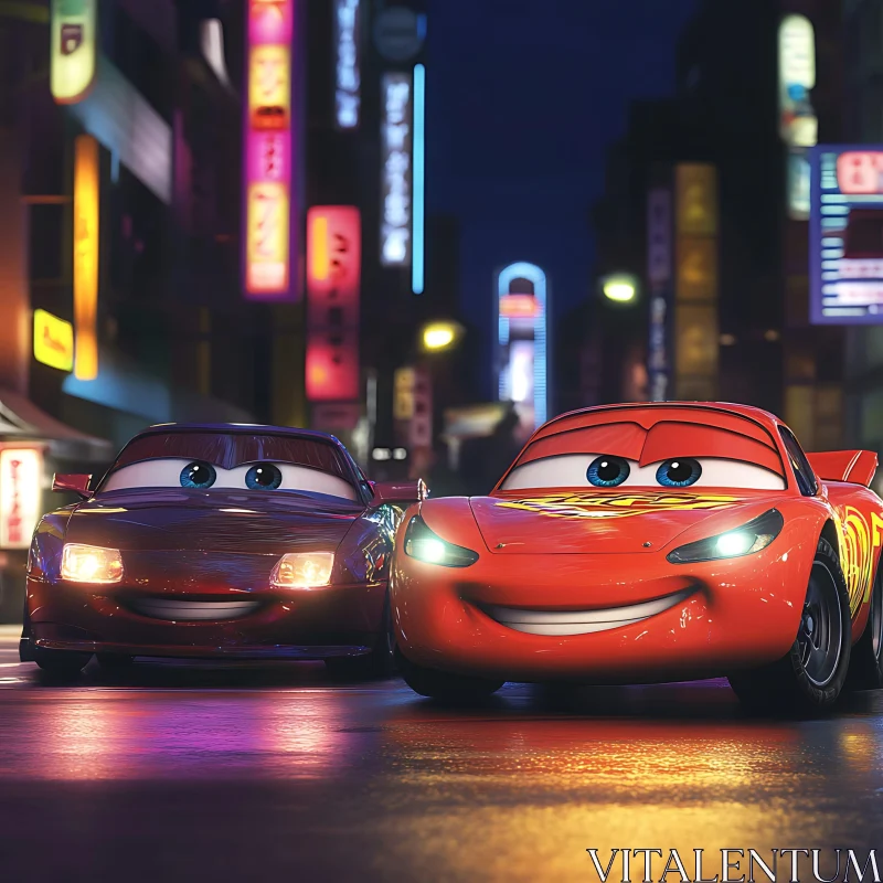 Cartoon Cars in Neon-lit Urban Scene AI Image