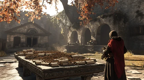 Ancient Courtyard with Monk and Scrolls