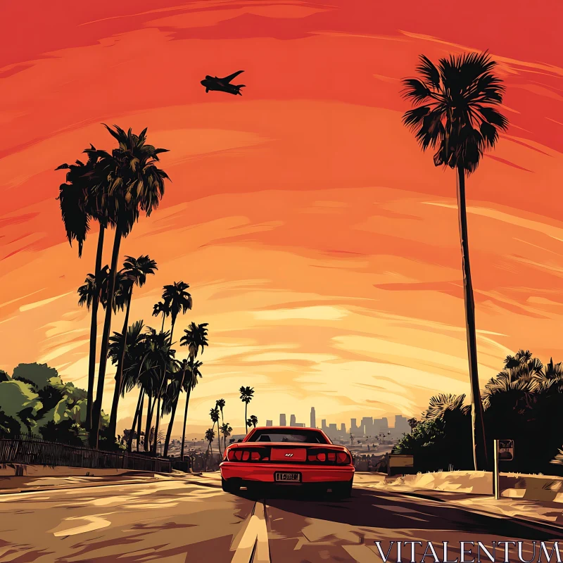 AI ART Red Vintage Car Driving during Sunset