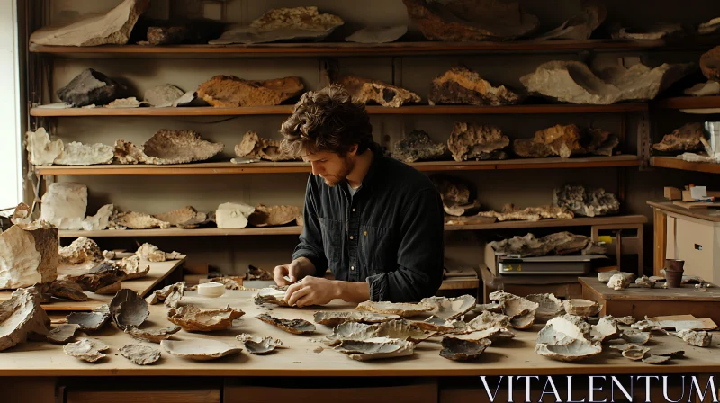 Man Examining Fossils in a Room AI Image