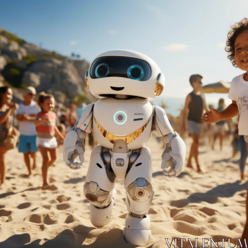 Joyful Encounter with Robot on Beach - Child's Play AI Image