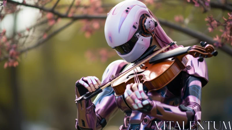Pink Robot Playing Violin Amidst Cherry Blossoms AI Image