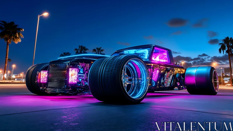 Neon-Lit Custom Car at Night AI Image