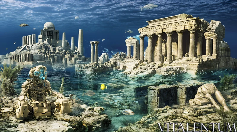 Submerged Ancient Structures with Robots and Marine Life AI Image