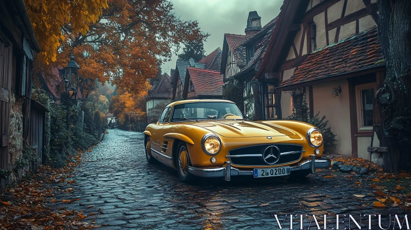 Charming Yellow Classic Car on European Street AI Image