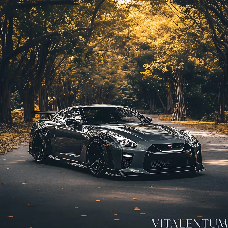 Luxury Sports Car on Autumn Forest Road AI Image