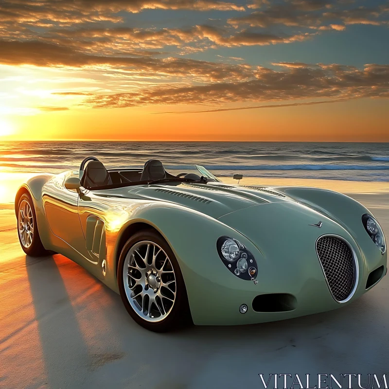 Elegant Green Convertible by the Ocean at Dusk AI Image