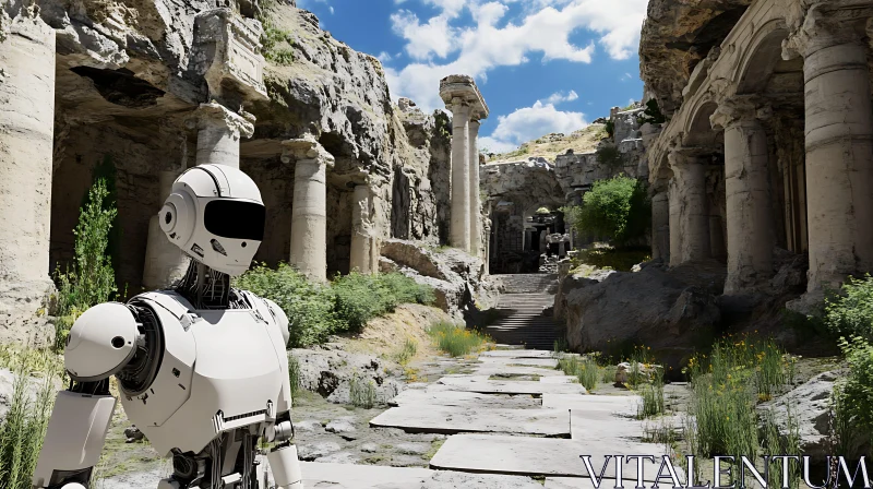 Futuristic Robot Amidst Ancient Ruins AI Image