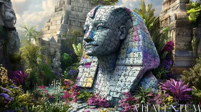 Enigmatic Sphinx Puzzle in a Vibrant Ruin Garden AI Image