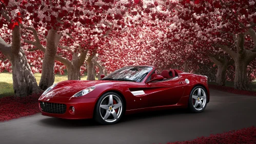 Elegant Red Convertible in Blooming Cherry Blossom Backdrop