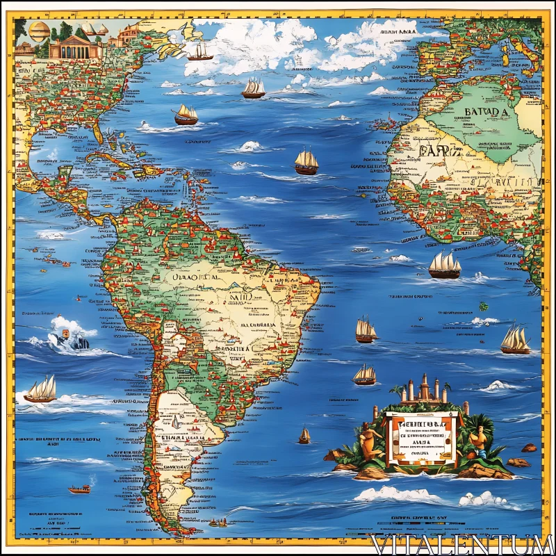 Historically Themed Map of the Americas and Surrounding Oceans AI Image