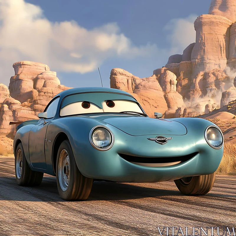 Smiling Blue Animated Car in Desert Landscape AI Image