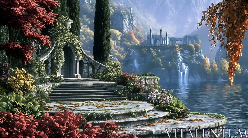 Majestic Nature with Stone Stairs, Chapel, and Waterfalls AI Image