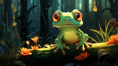 Anime-Inspired Digital Art of Frog in Forest