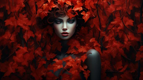 Captivating Dark Red Beauty Surrounded by Vibrant Red Leaves