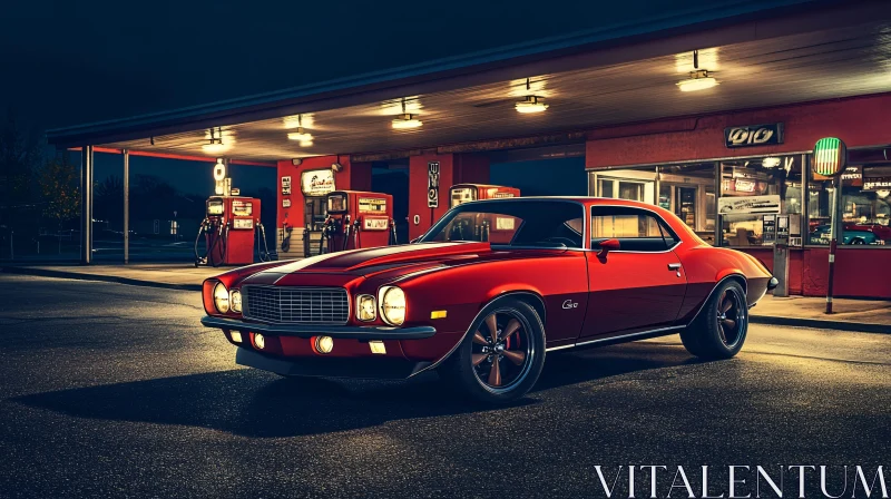 Retro Muscle Car at Nighttime Gas Station AI Image