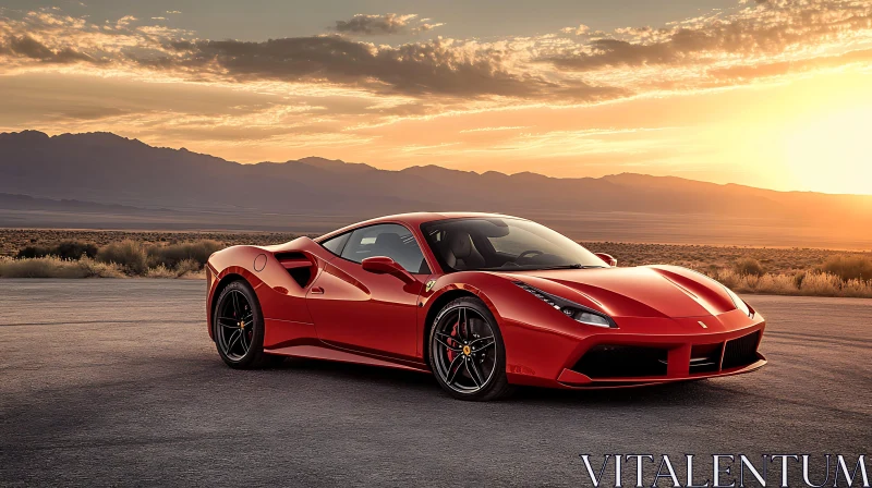 High-End Red Sports Car in Scenic Desert at Sunset AI Image