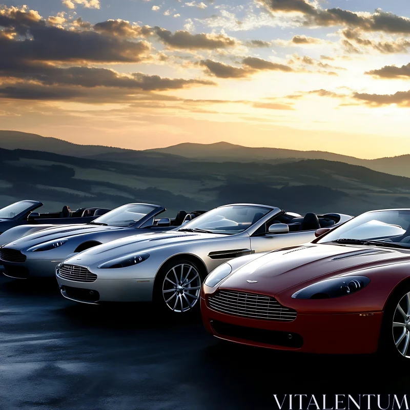 Convertible Cars and Serene Sunset Landscape AI Image