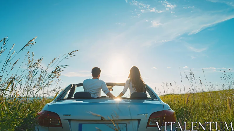 Couple Enjoying Sunset in Convertible Amidst Fields AI Image