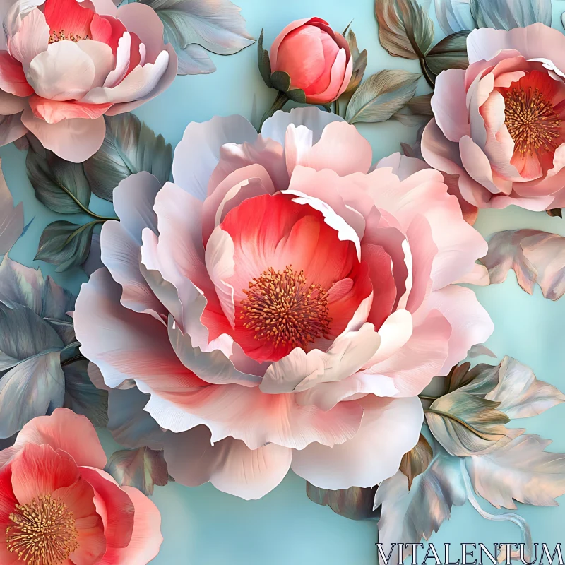 AI ART Delicate Pink and Red Flowers with Lush Green Leaves