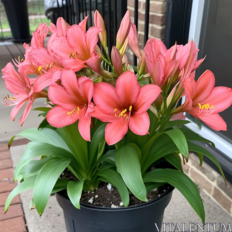 Blooming Pink Flowers on Patio AI Image