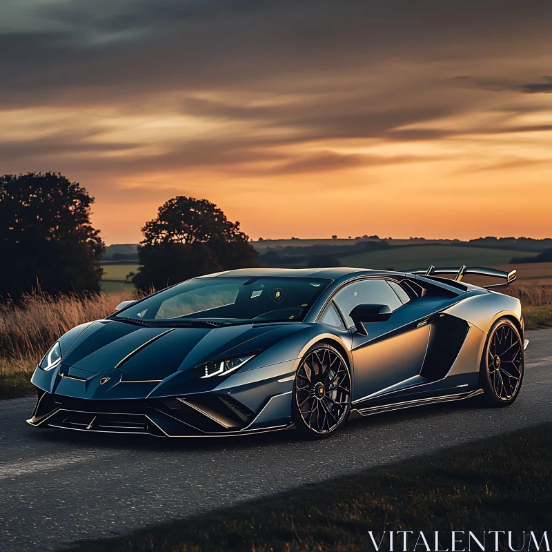 Elegant Sports Car in Sunset Landscape AI Image