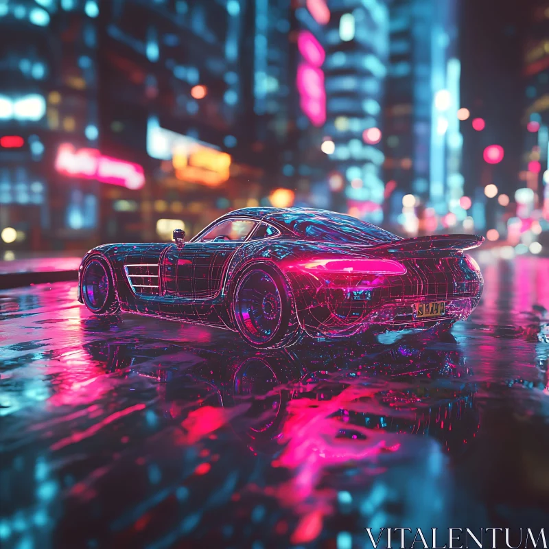 Neon Night Cityscape with Futuristic Car AI Image