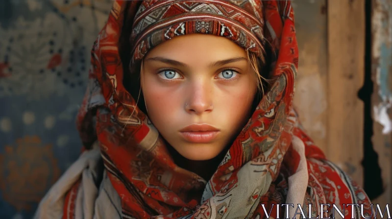 Captivating Portrait of a Woman with Beautiful Blue Eyes and a Head Wrap AI Image