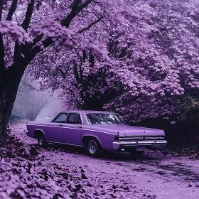 Classic Purple Car Amidst a Purple Leafed Forest