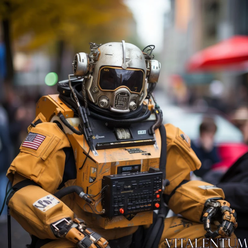 AI ART Steelpunk Street Photography - Urban Life in a Golden Space Suit