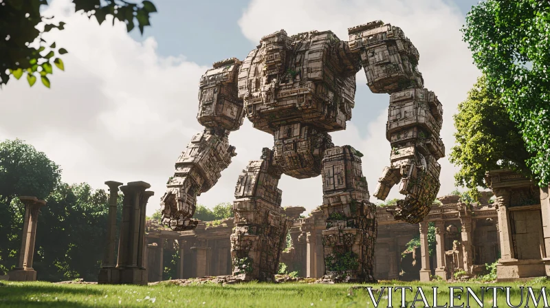 Colossal Robot and Ancient Architecture AI Image