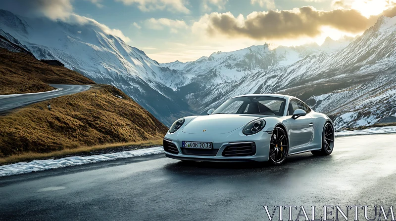 Luxury Sports Car in Majestic Mountain Setting AI Image