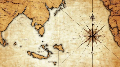 Vintage Map of Asia and Africa with Compass