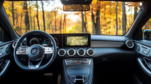 High-End Car Interior Amidst Fall Forest