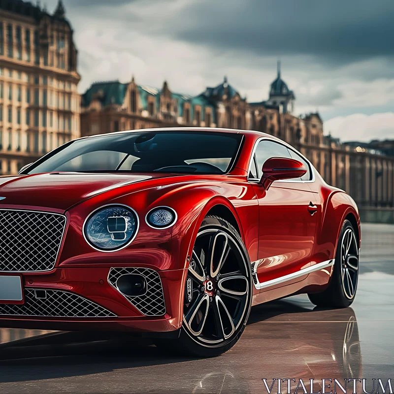 Sophisticated Red Car Against Urban Backdrop AI Image