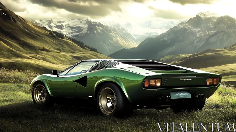 Classic Green Sports Car in Scenic Mountain Meadow AI Image