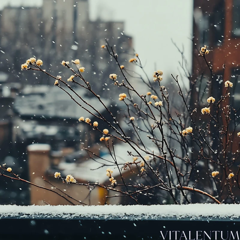 Yellow Flowers in Snowy Urban Landscape AI Image